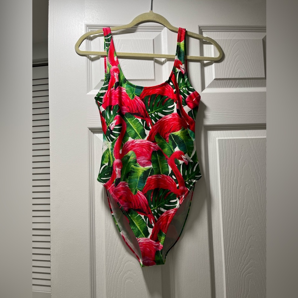 - AVVA Sport red, white and green swimsuit with flamingos, size S